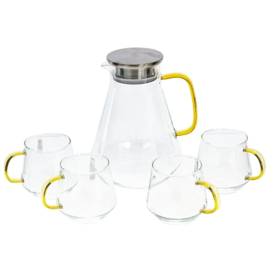 Set de Jarra y 4 Vasos de Vidrio Resistente al Calor Diseño Moderno