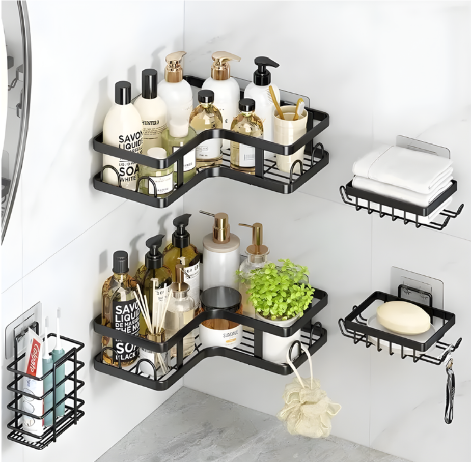 Set 5 Organizadores Ducha Baño Negro Mate Sin Taladro