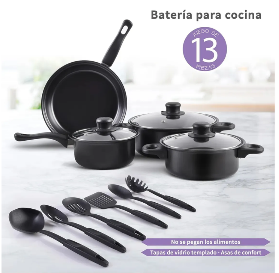 Set De Sartenes Antiadherentes Tapa De Vidrio Y Utensilios