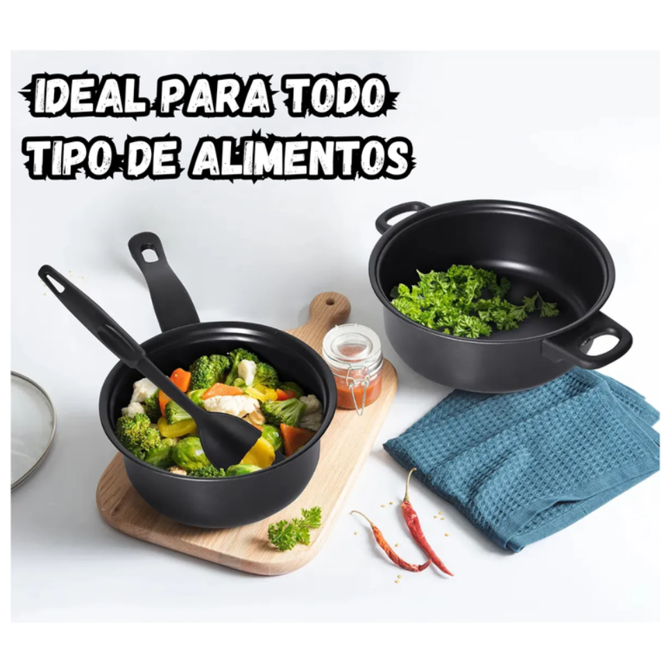 Set De Sartenes Antiadherentes Tapa De Vidrio Y Utensilios
