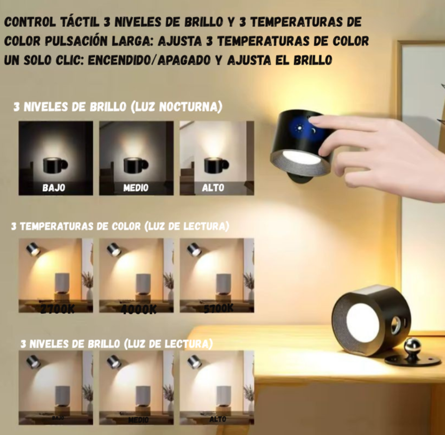 "Lampara Pared Led Giratoria 360° Recargable Magnetica "