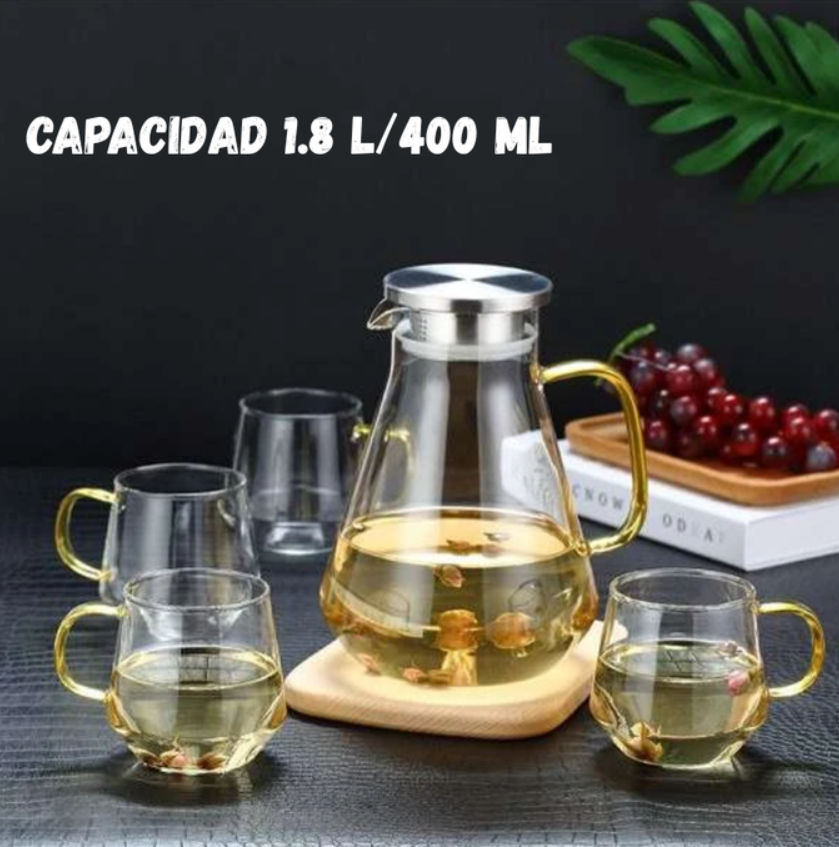 Set de Jarra y 4 Vasos de Vidrio Resistente al Calor Diseño Moderno