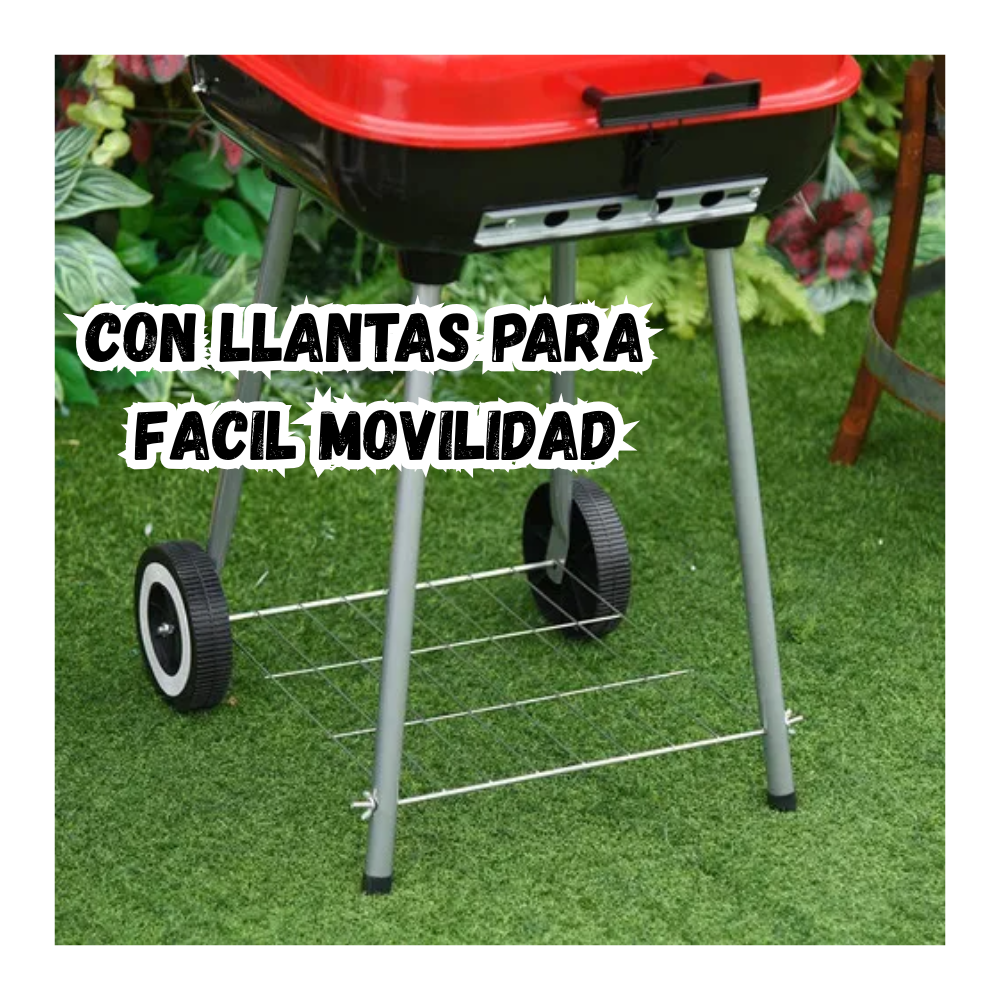 Asador BBQ Parrilla a Carbón Portatil Con Tapa y Ruedas Rojo