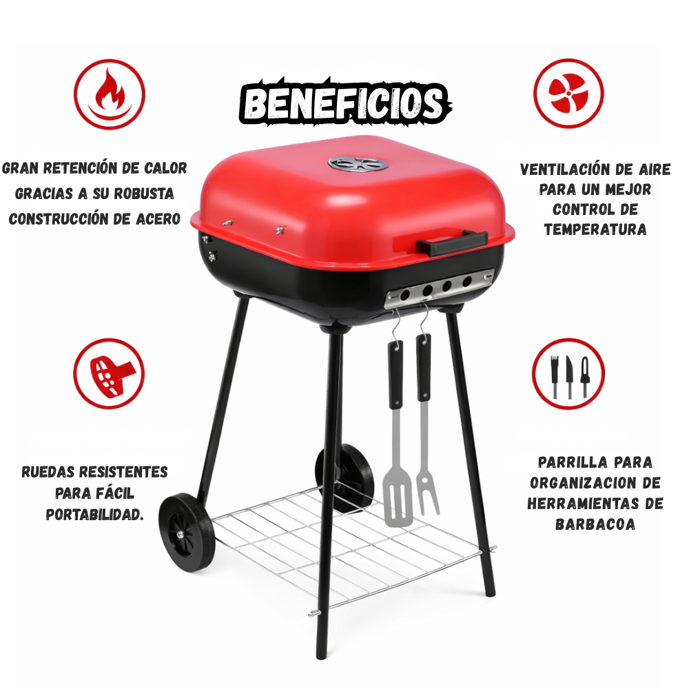 Asador BBQ Parrilla a Carbón Portatil Con Tapa y Ruedas Rojo