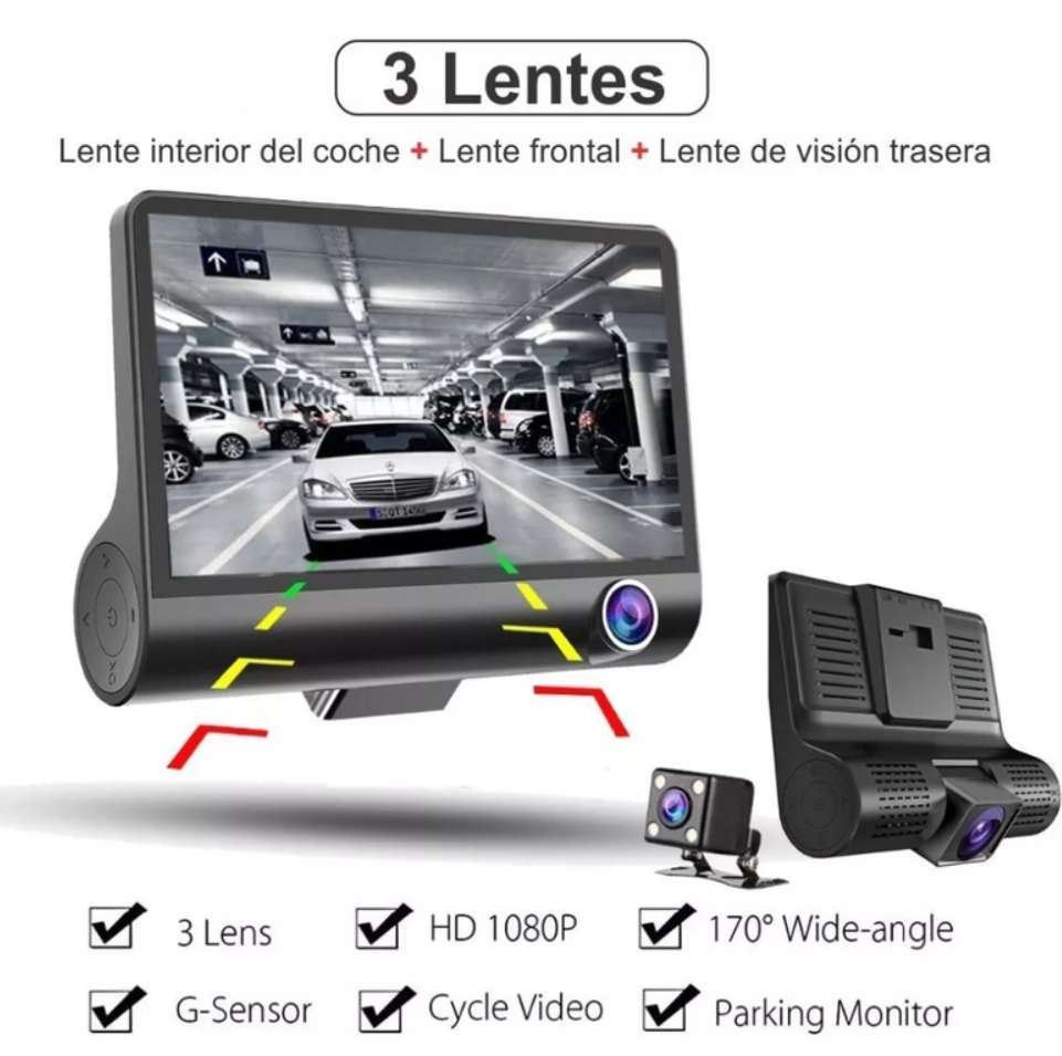 Cámara Para Carro Dvr 3 Lentes 1080p Full Hd Dash Cam 3 En 1