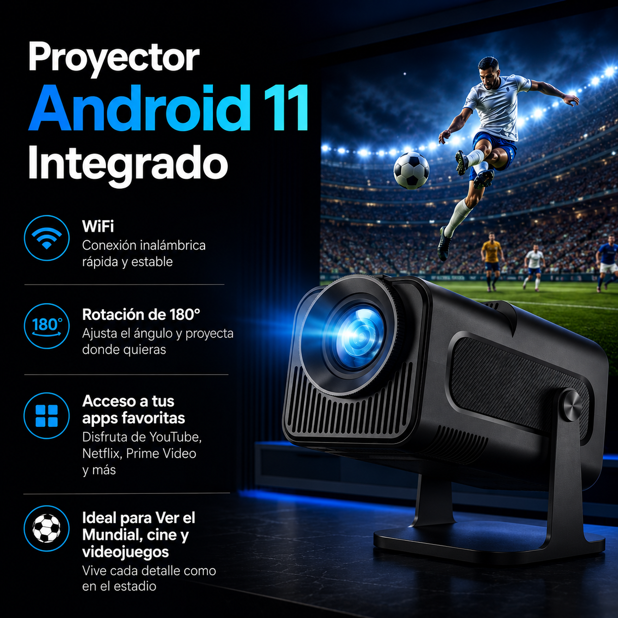 KIT MUNDIAL Proyector Full HD Android + Telon Electrico 100"
