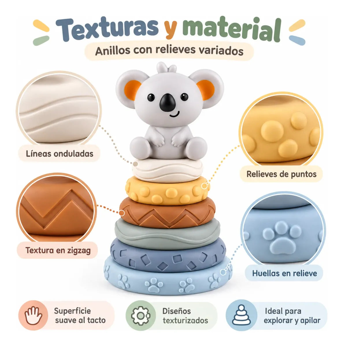 Juguete Didáctico Koala Torre Apilable Silicona Para Bebé