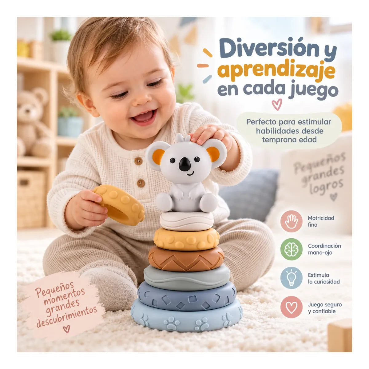 Juguete Didáctico Koala Torre Apilable Silicona Para Bebé