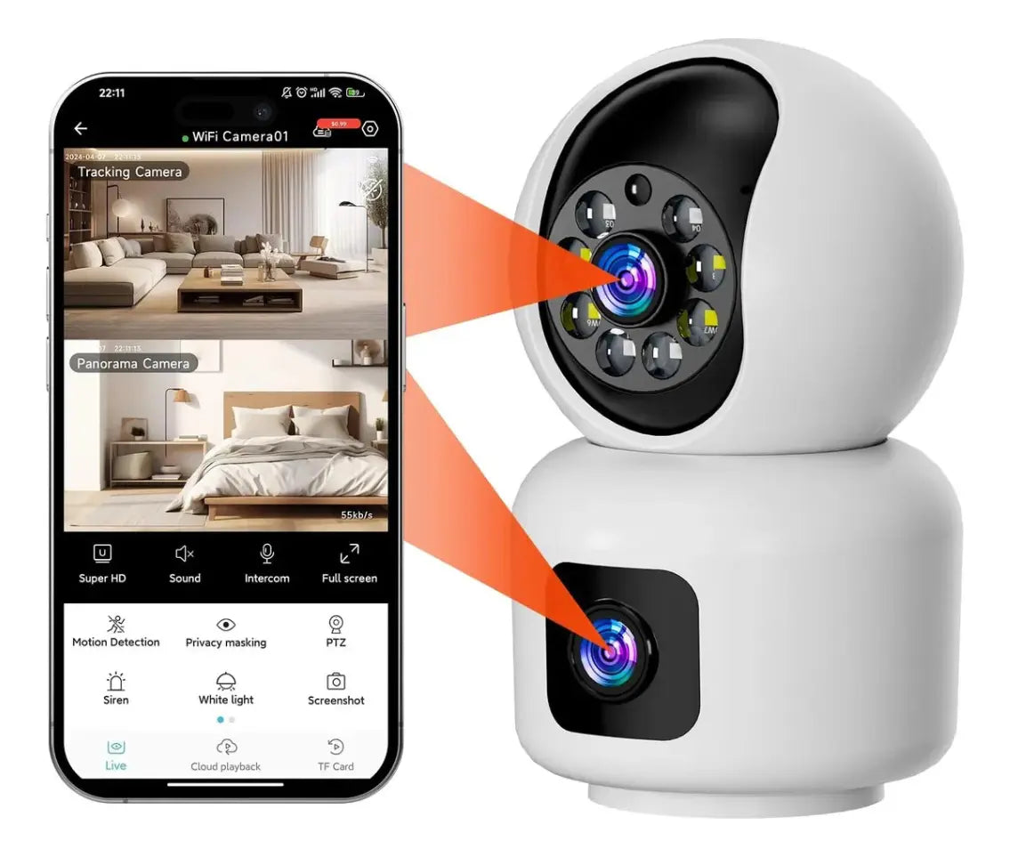 Camara De Seguridad Wifi Ip Doble Lente Robotica App Icsee