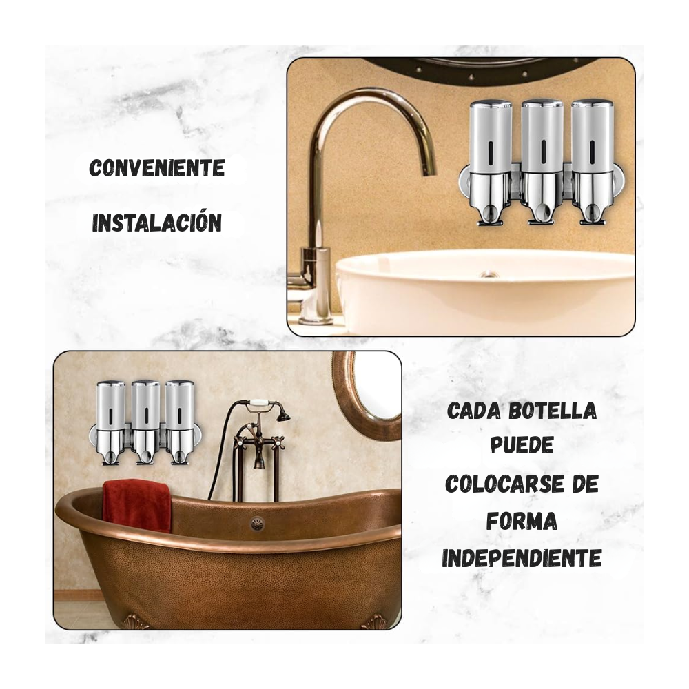 Dispensador pared de shampoo jabon 3 compartimientos