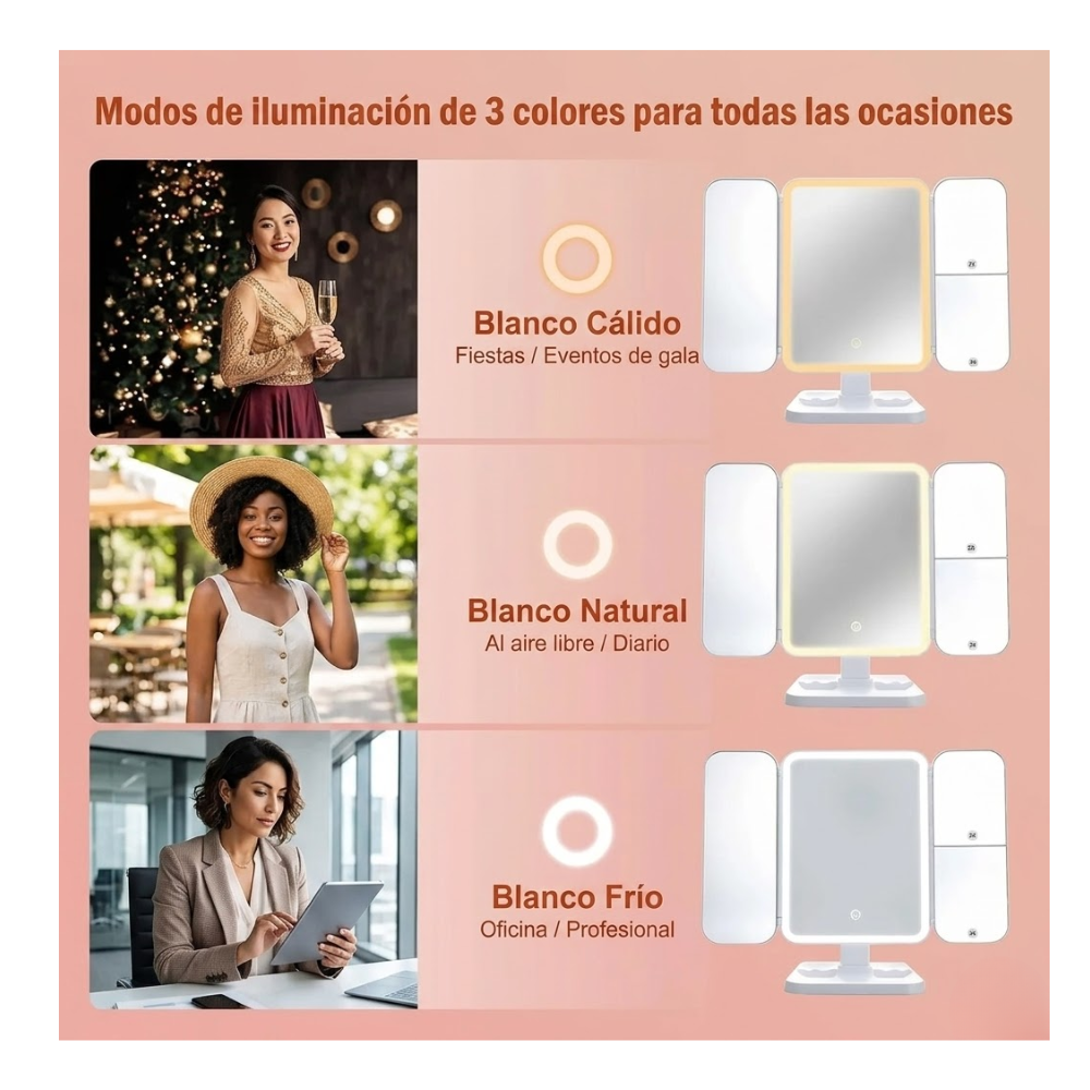 Espejo Maquillaje Led Tri-fold 3 Luces Táctil Profesiona