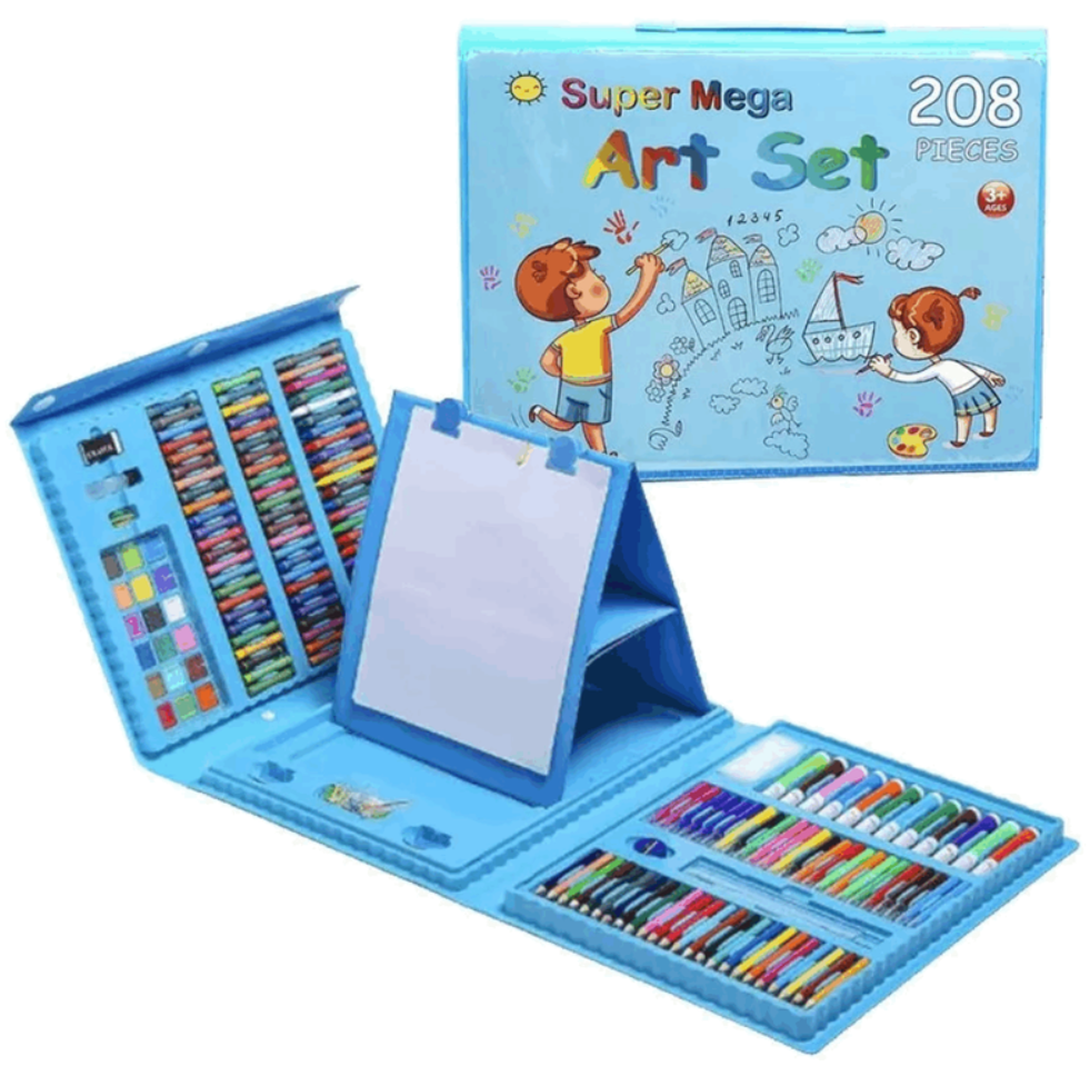 Set De Arte Niños Maleta 208 Piezas Crayon Acuarela Plumon azul