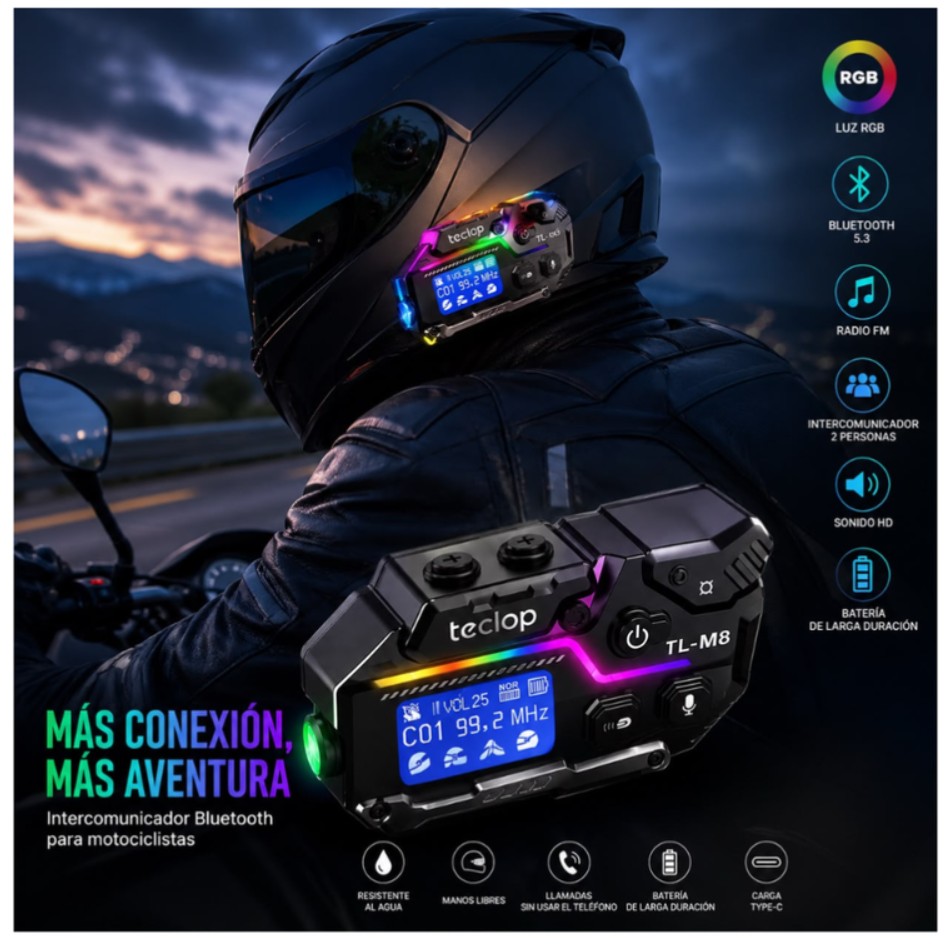 Combo Intercomunicador RGB Bluetooth M8 Radio FM Recargable