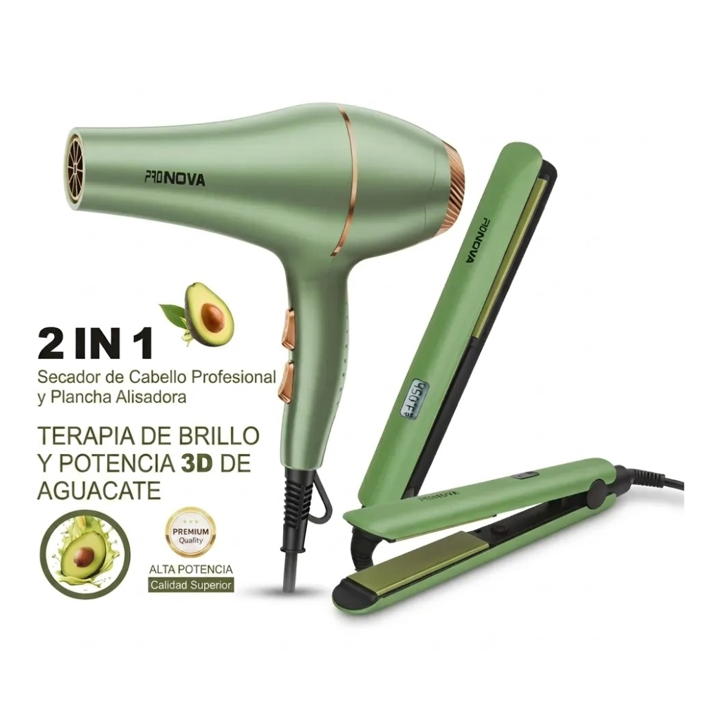 Kit 2en1 Secador + Plancha Profesional Aguacate Brillo 3D