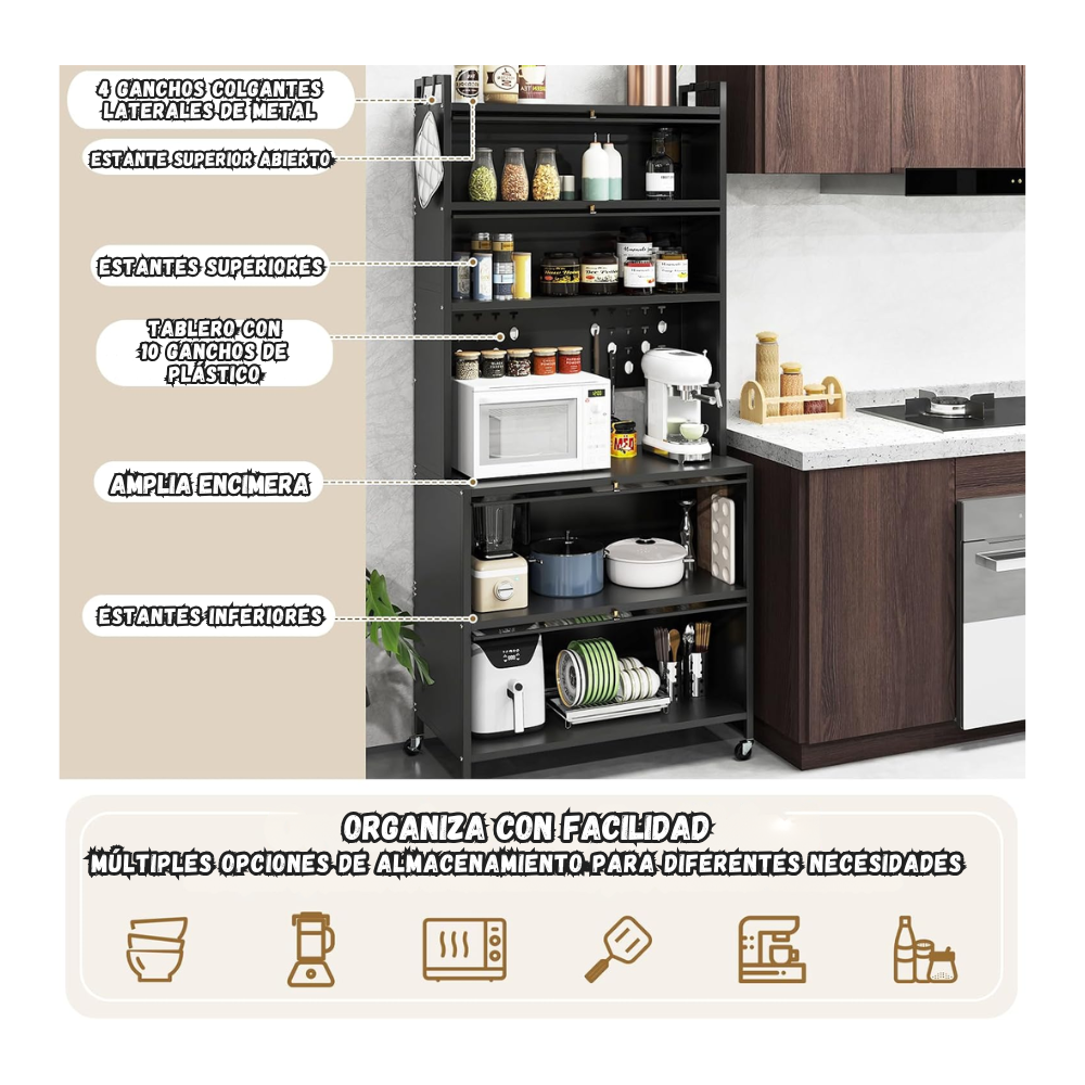 Mueble Organizador Con Gabinetes, Ganchos y Ruedas Multifuncional 60CM