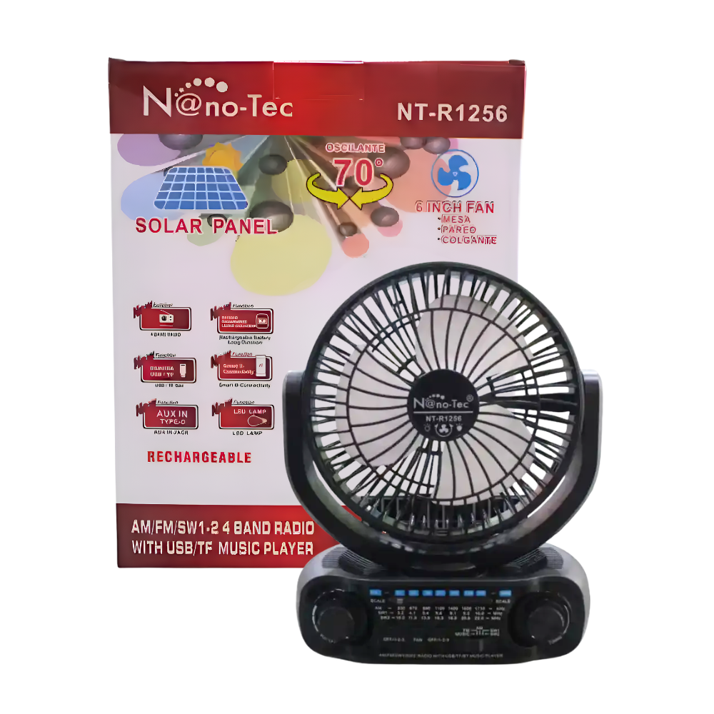 Ventilador Solar Portatil Recargable Con Radio AM y FM NT-R1256