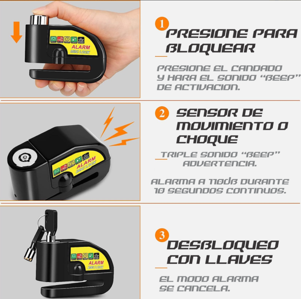 Candado Freno De Disco Con Alarma Para Moto O Bicicleta Inox