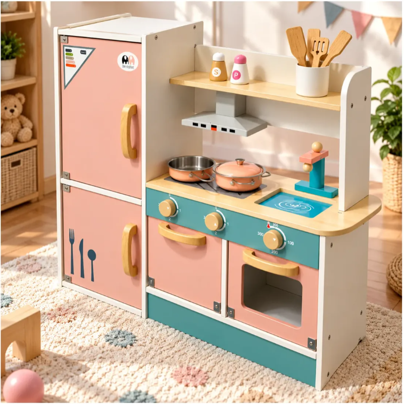 Cocina Infantil De Madera Con Nevera Horno Y Accesorios