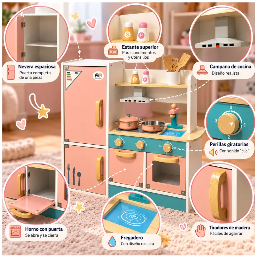 Cocina Infantil De Madera Con Nevera Horno Y Accesorios