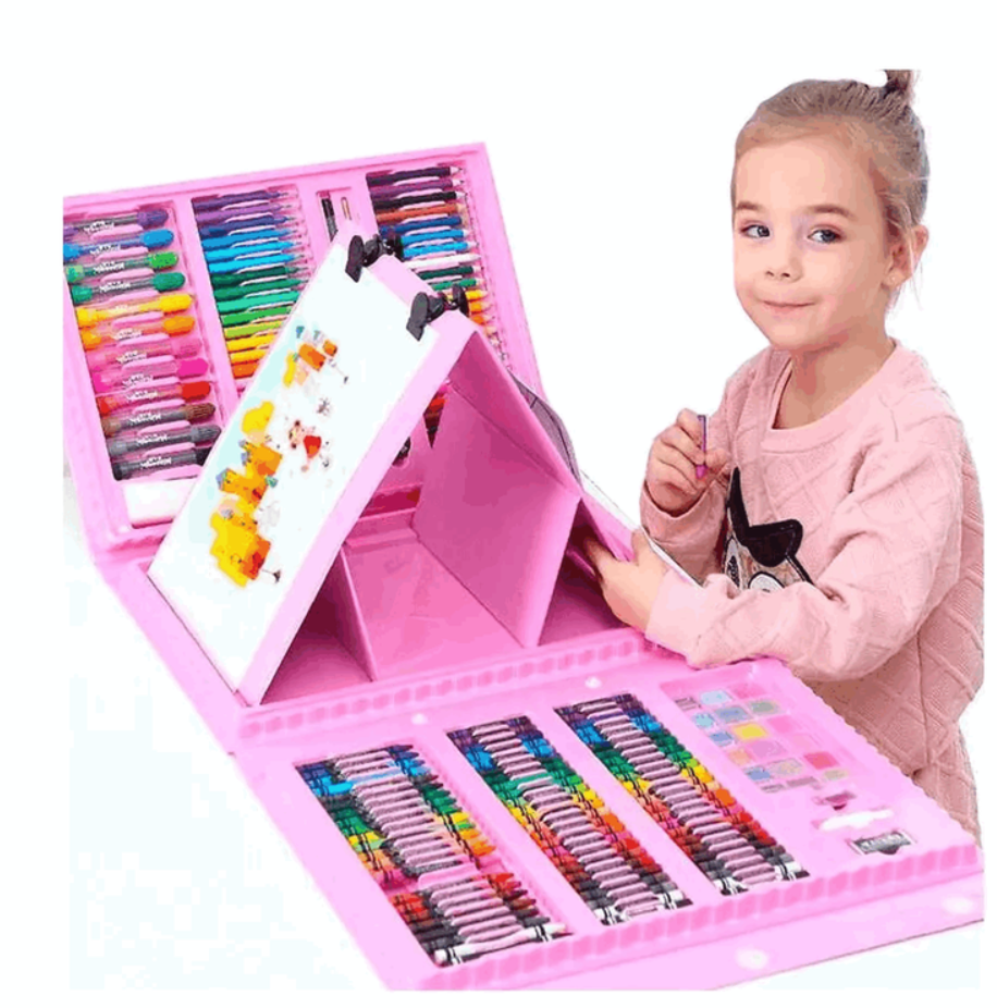 Set De Arte Niños Maleta 208 Piezas Crayon Acuarela Plumon rosa