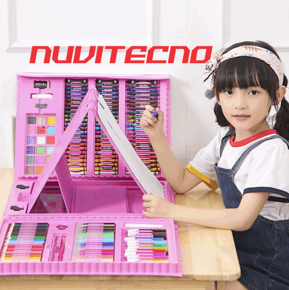 Set De Arte Niños Maleta 208 Piezas Crayon Acuarela Plumon rosa