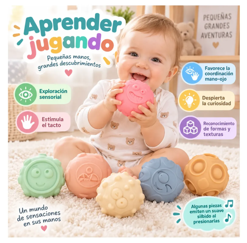 Set 6 Pelotas Sensoriales Bebé Texturas Silbido 18m+