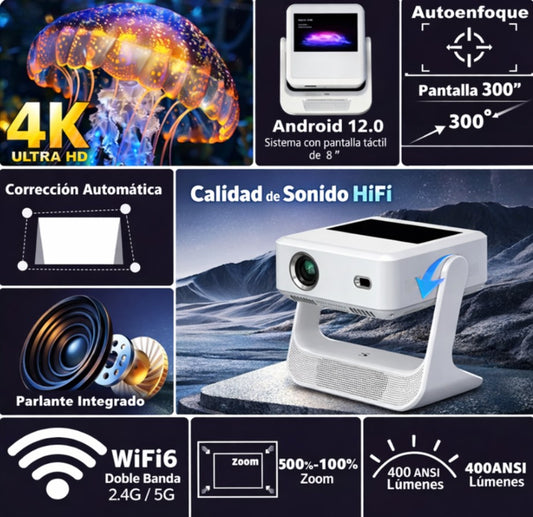 "Proyector Smart Android 12 Pantalla Táctil 8'' 4k Wifi A2pro Proyector 110v "