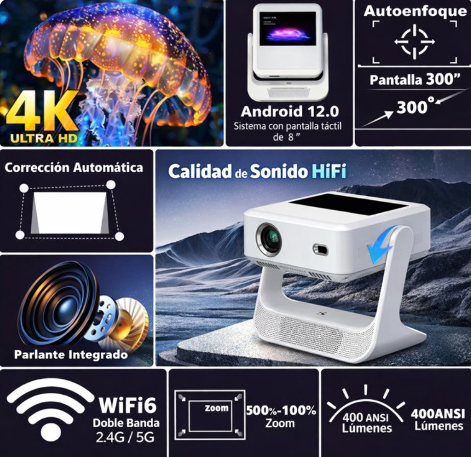 "Proyector Smart Android 12 Pantalla Táctil 8'' 4k Wifi A2pro Proyector 110v "