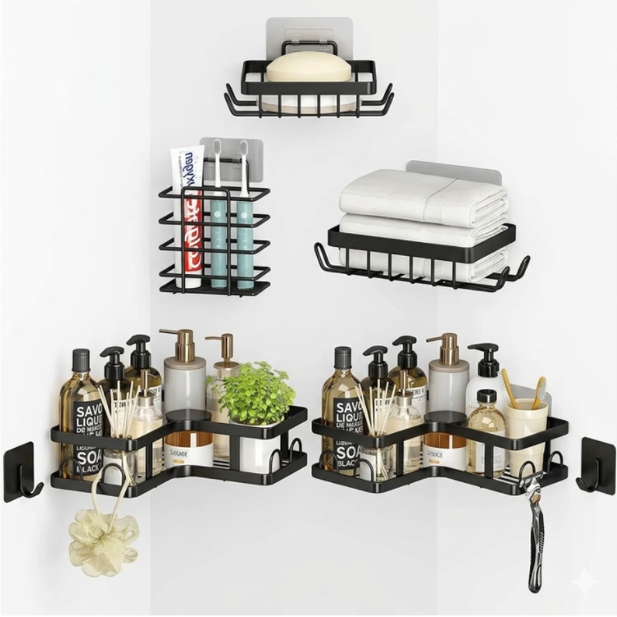 Set 5 Organizadores Ducha Baño Negro Mate Sin Taladro