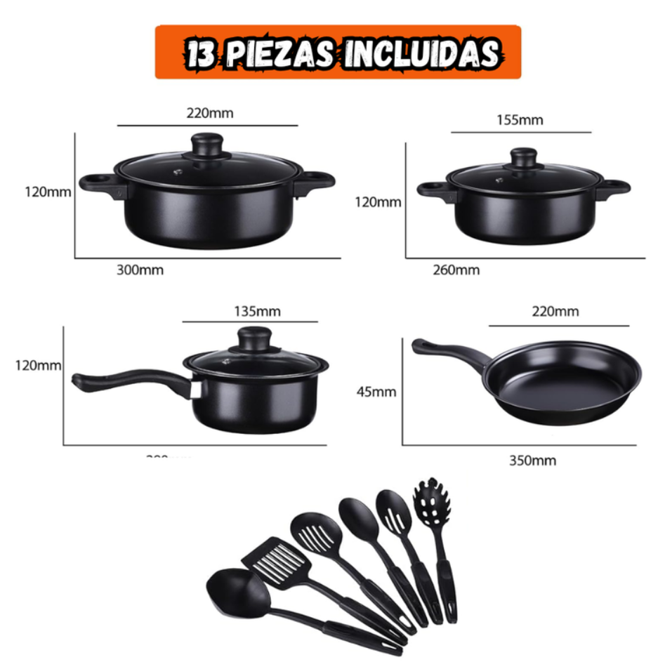 Set De Sartenes Antiadherentes Tapa De Vidrio Y Utensilios