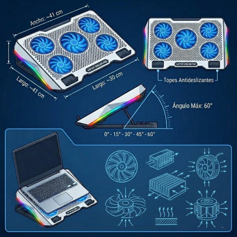 Base Enfriadora Laptop Gaming 5 Ventiladores Rgb Ajustable