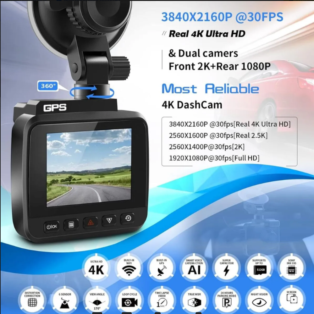 Camara Para Carro Con Gps Wifi Sensor 24/7 2k Pantalla Lcd