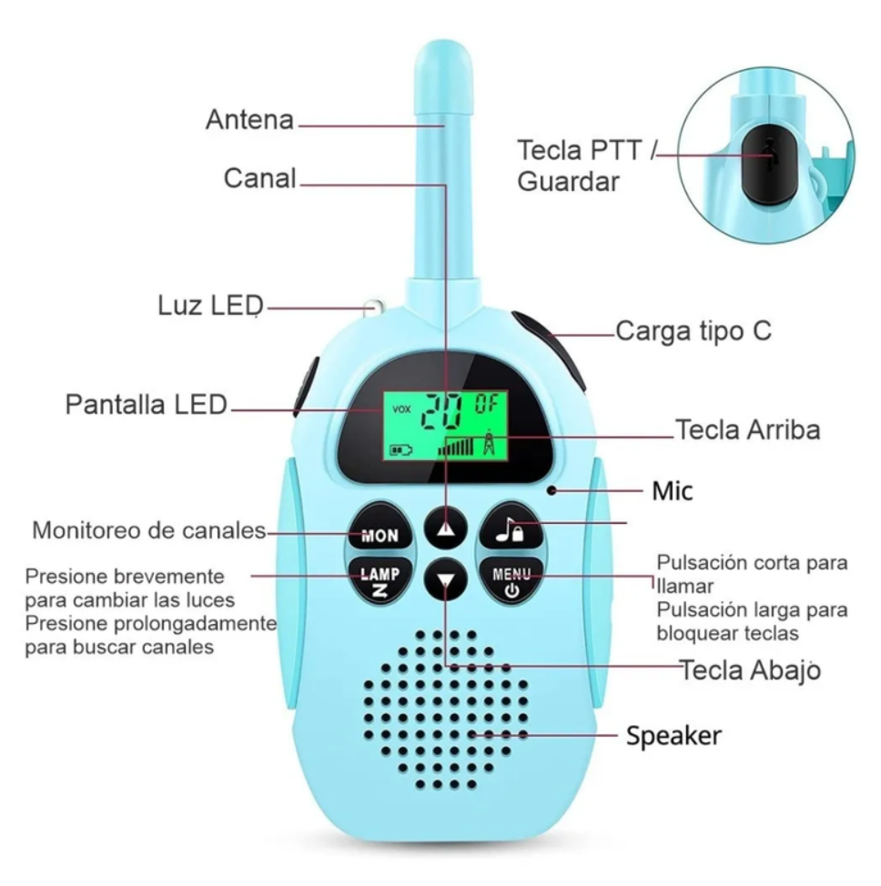 2 Walkie Tokie Niño Y Niña De Largo Alcance Recargables