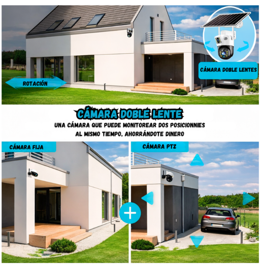 Camara Wifi Doble Lente Ptz Panel Solar Resistente Al Agua