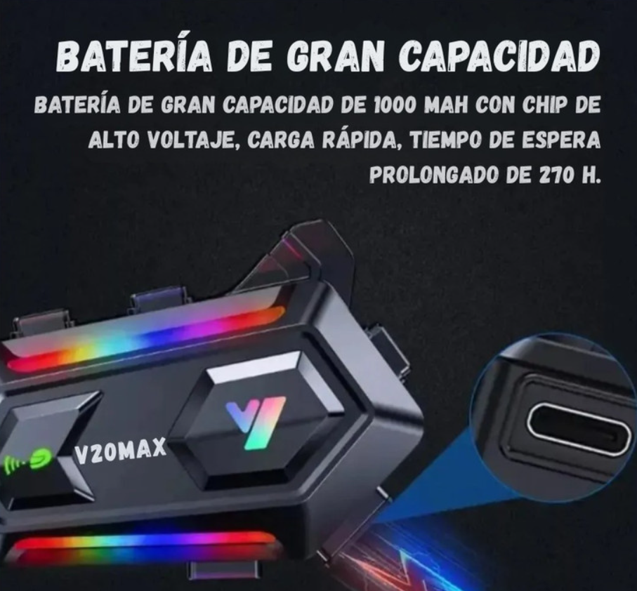 "Intercomunicador Para Casco Moto Y20 Max Negro Rgb "