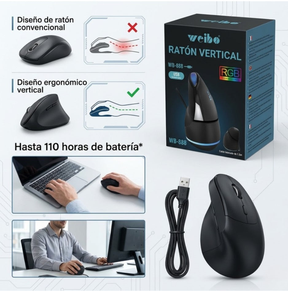Mouse Ergonomico Vertical Weibo Wb-888 Alambrico Rgb