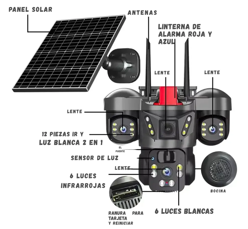 Cámara De Seguridad Wifi 3 Lentes Ptz Con Panel Solar Ql21