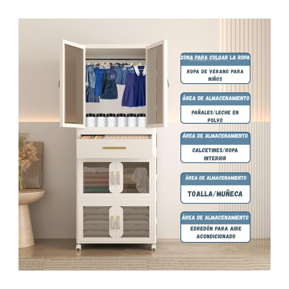 Armario Organizador Portatil Plegable  Multifuncional Con Ruedas