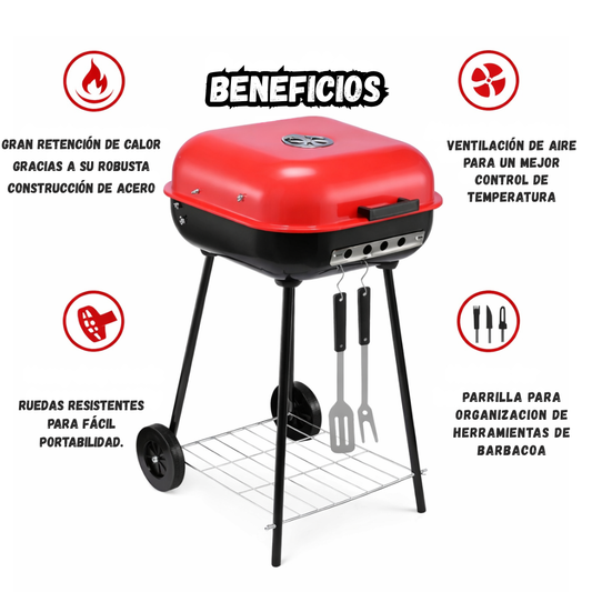 Asador BBQ Parrilla a Carbón Portatil Con Tapa y Ruedas Rojo
