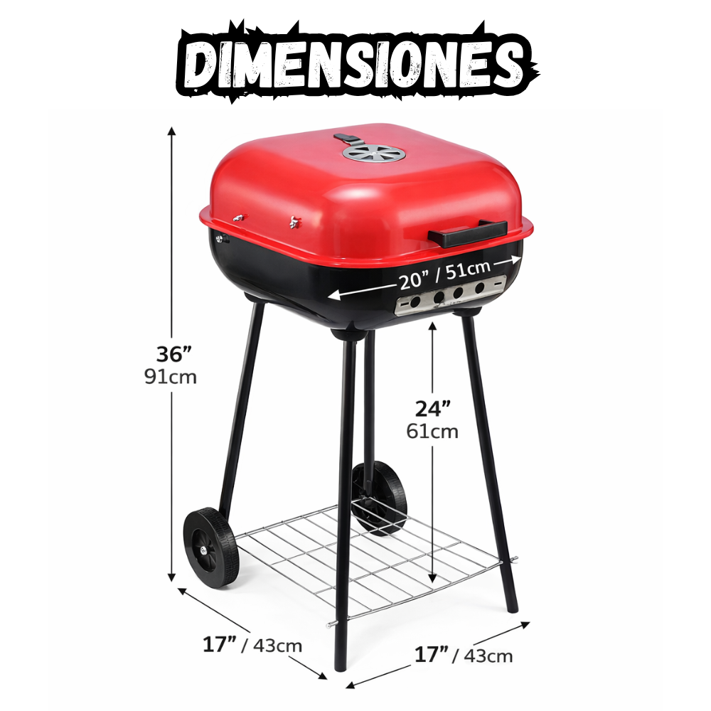 Asador BBQ Parrilla a Carbón Portatil Con Tapa y Ruedas Rojo