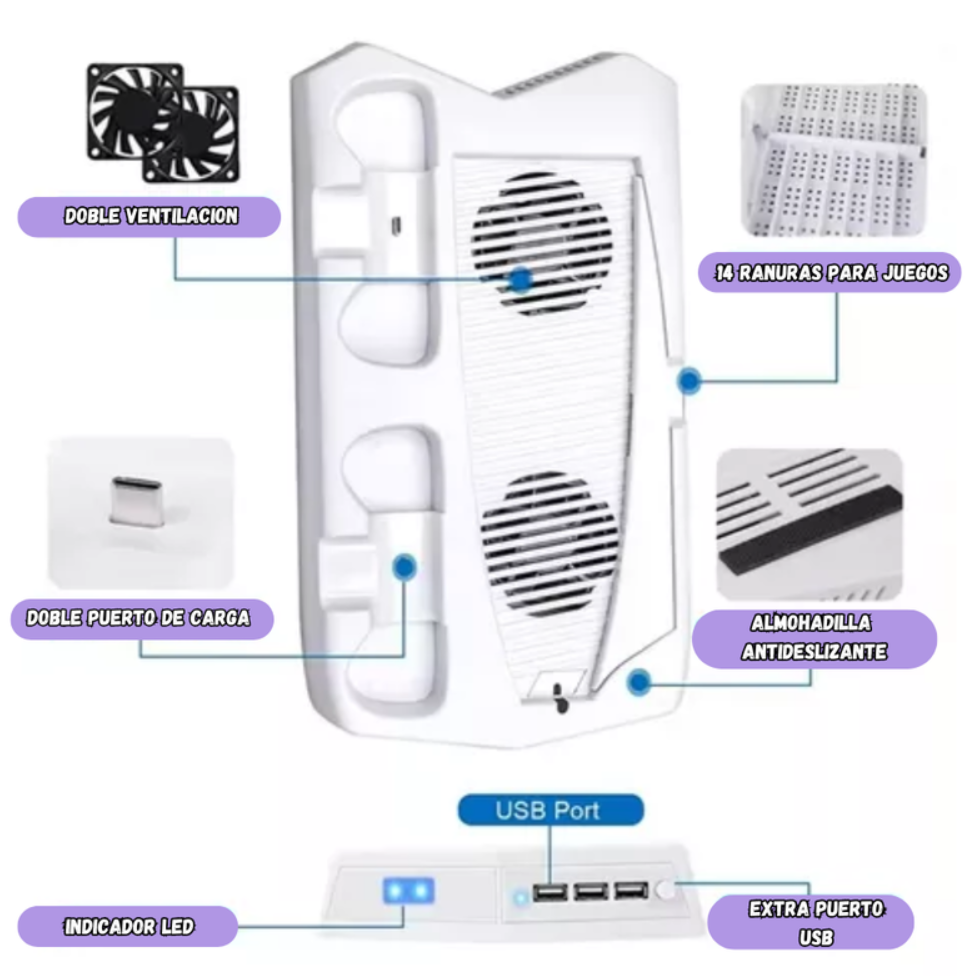 Base Refrigerante Para Play 5 Estación De Carga Dual 3 Usb