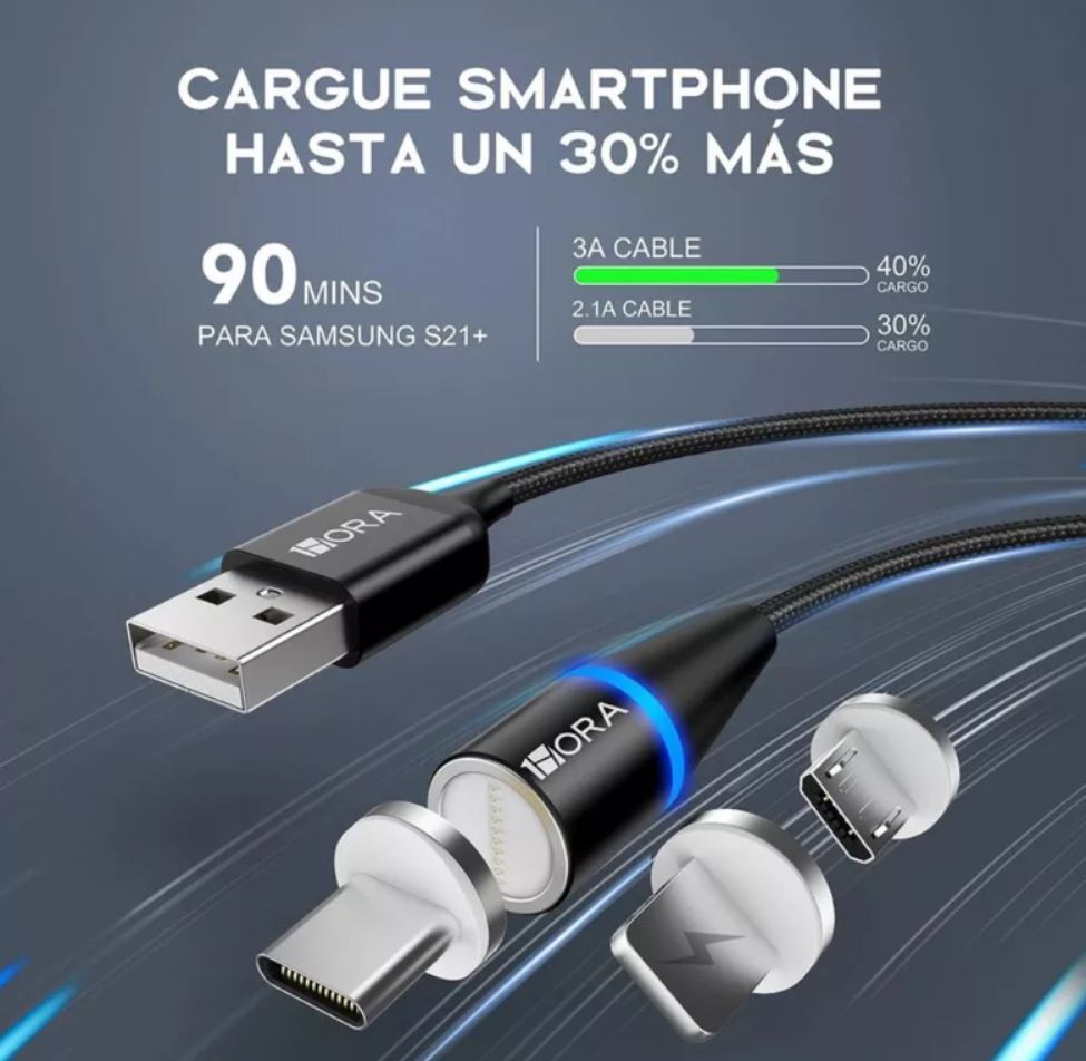 Cable De Carga Usb Magnético Led Luminoso Color Negro