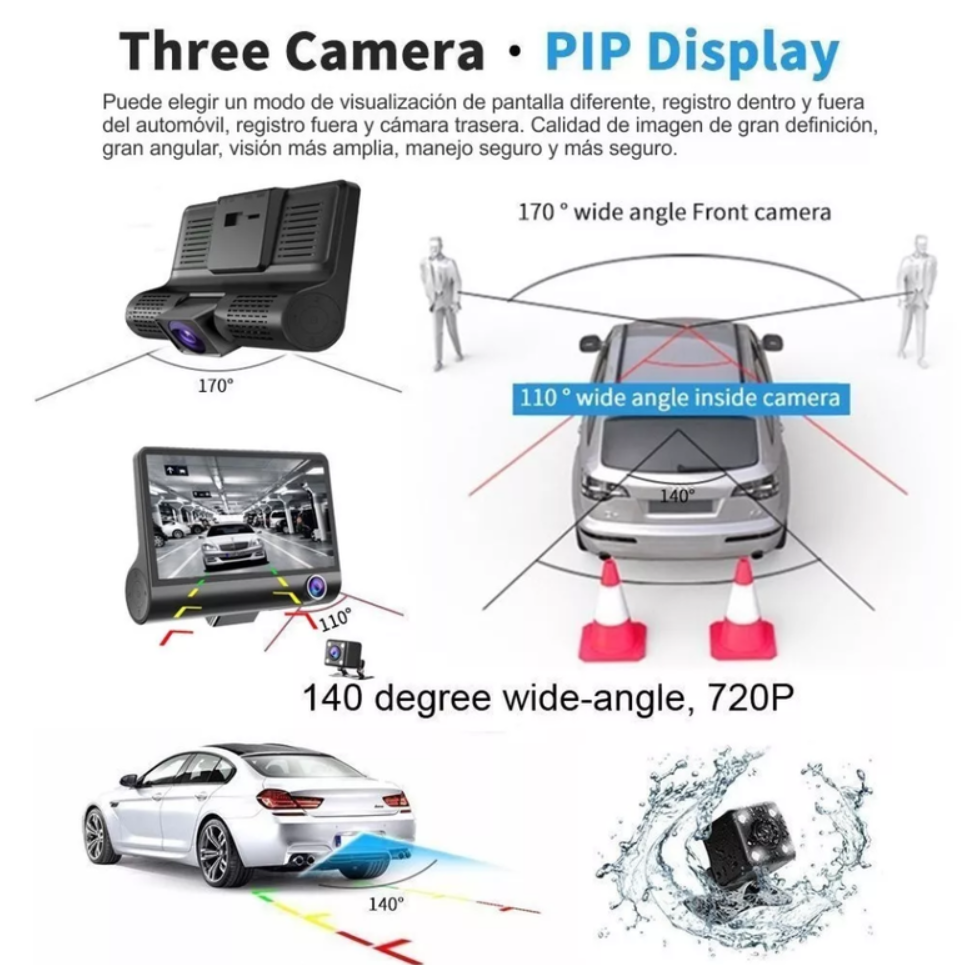 Cámara Para Carro Dvr 3 Lentes 1080p Full Hd Dash Cam 3 En 1