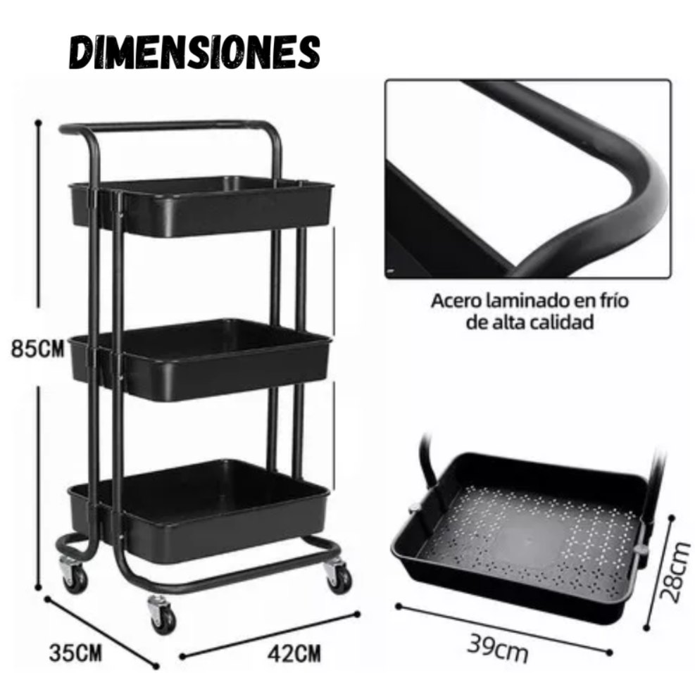 Carrito Organizador De Cocina 3 Niveles Multiuso Color Negro