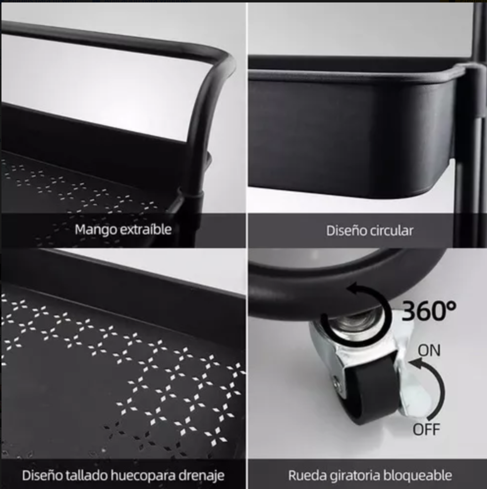 Carrito Organizador De Cocina 3 Niveles Multiuso Color Negro