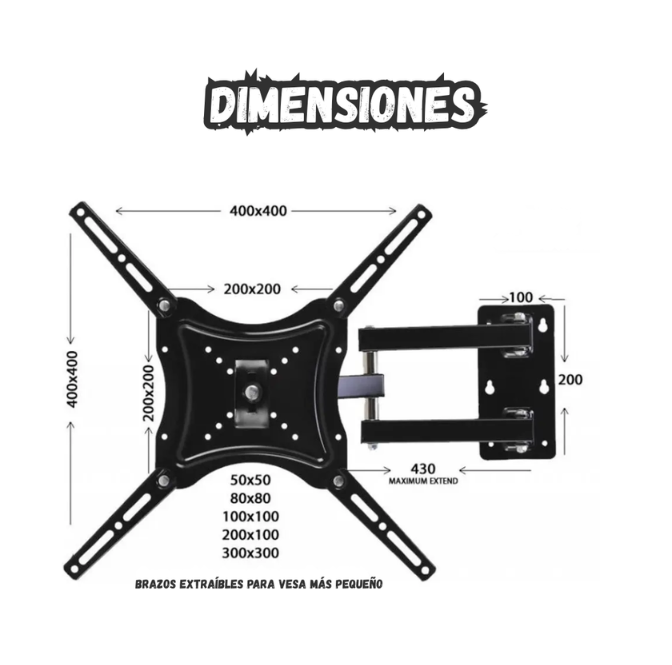 Base Soporte Pared Para Tv Brazo Mobible Para Vesa 14 A 55 Pulgadas