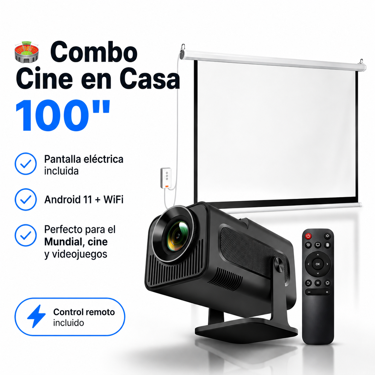 KIT MUNDIAL Proyector Full HD Android + Telon Electrico 100"