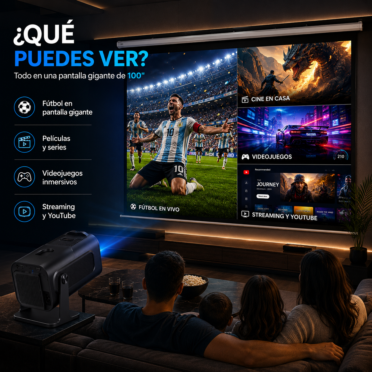 KIT MUNDIAL Proyector Full HD Android + Telon Electrico 100"