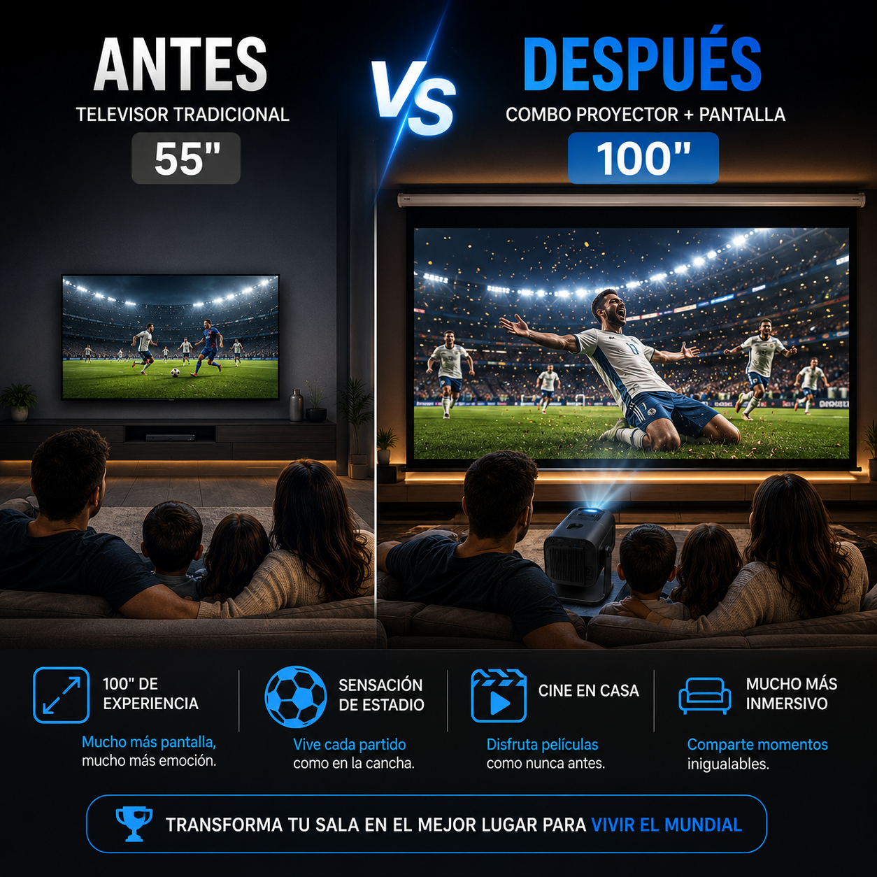 KIT MUNDIAL Proyector Full HD Android + Telon Electrico 100"