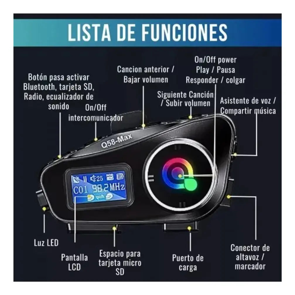 Intercomunicador Q58-max Bluetooth Casco Moto Fm Música 25hr